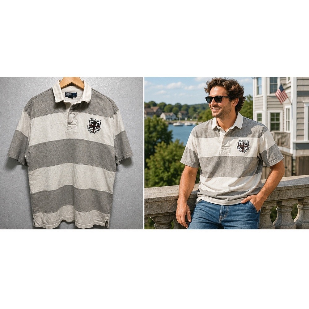 Polo Ralph‎ Lauren Rugby Polo Mens L Gray Bleecker Crest Triple Crown Y2K Preppy